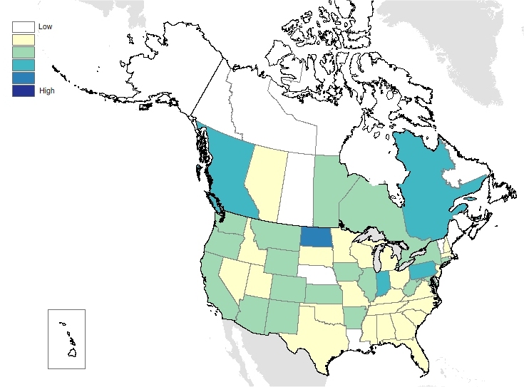 Distribution map for CREE in the USA and Canada