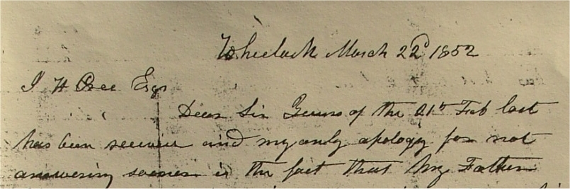 Start of letter from Thomas Jefferson Cree of Wheelock VT to Joseph Haber Cree of Cazenovia, NY.